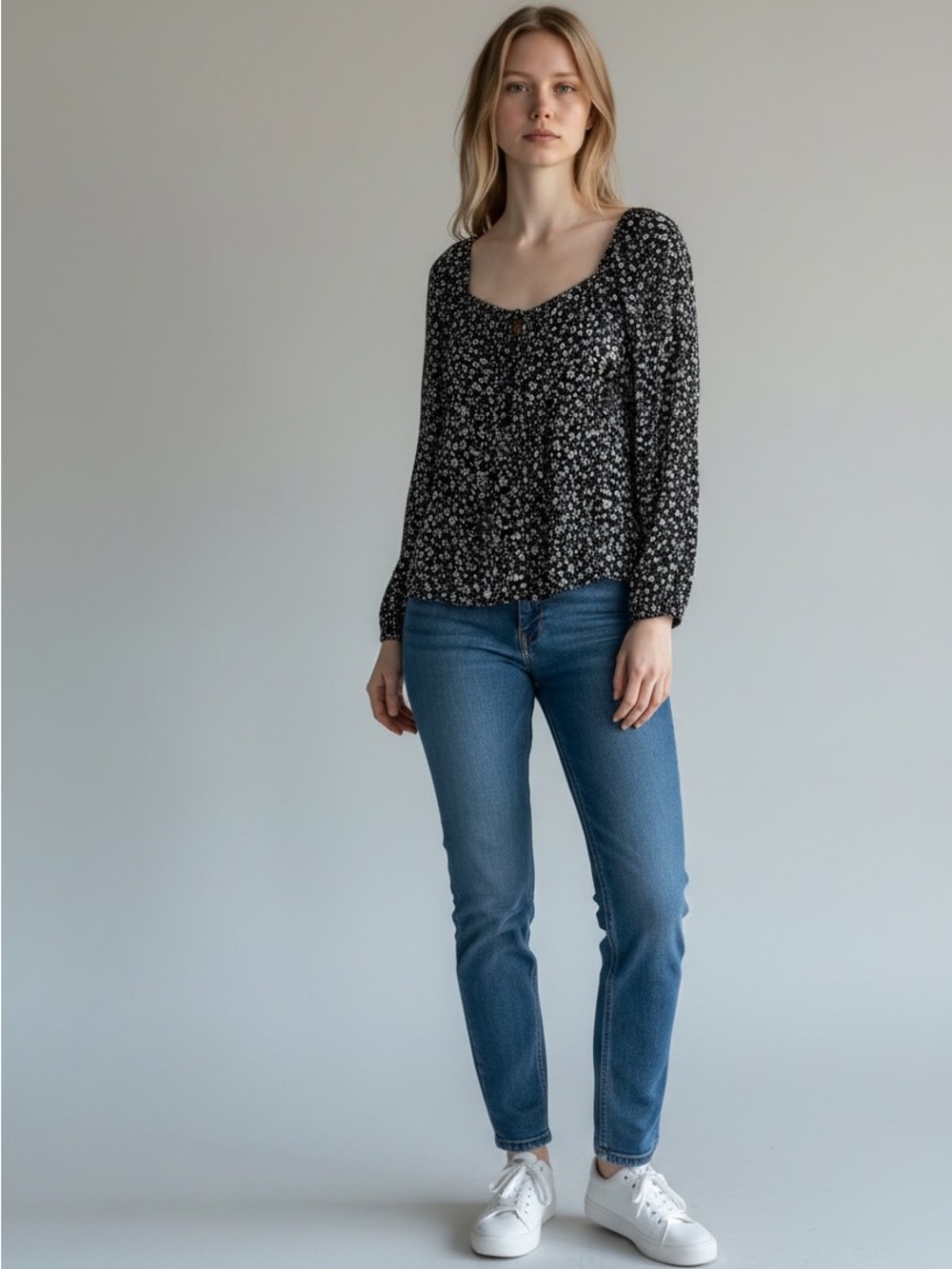 Black Floral Scoop-Neck Blouse